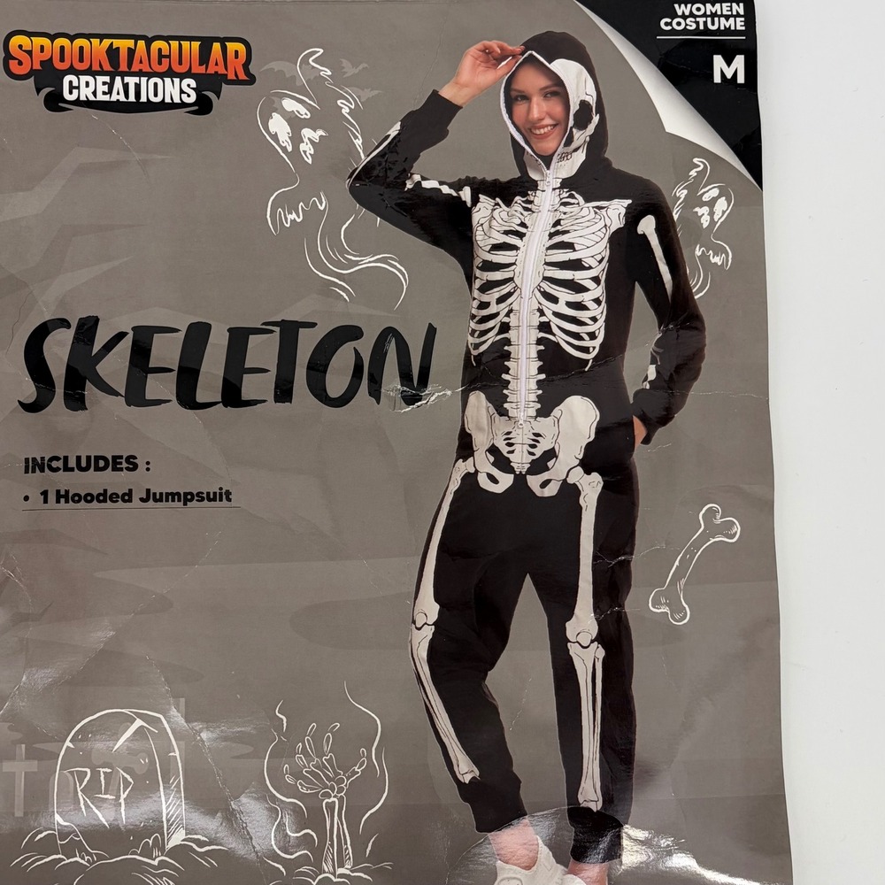 Halloween Skeleton Jumpsuit Hooded Bone Print Goth Costume Women's Medium Spooky